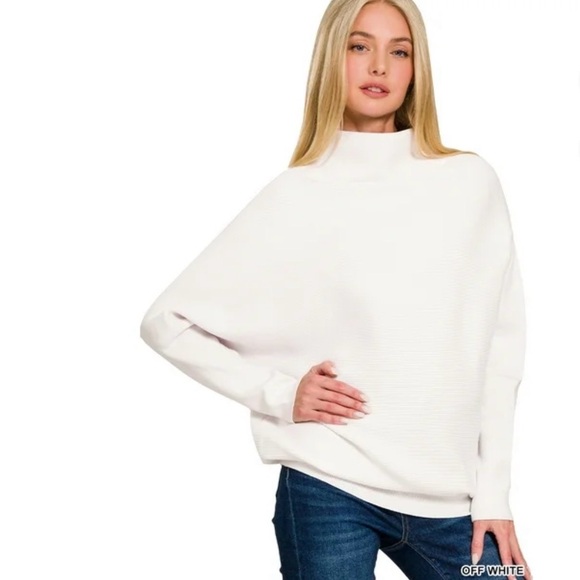 Zenana Outfitters Sweaters - NWT Zenana Dolman Sleeve Mock Neck Ribbed Sweater in Off White Size M
